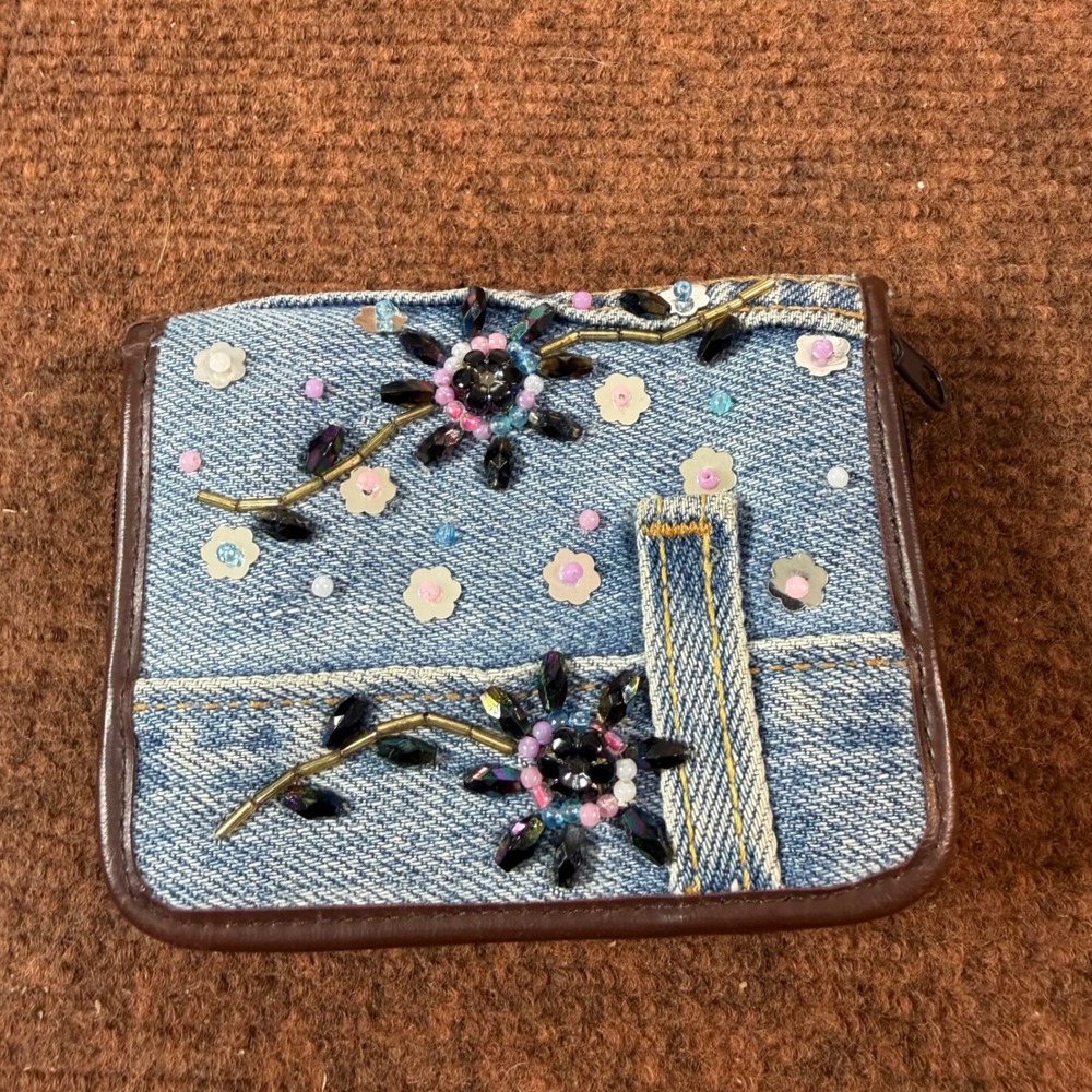 Vintage Denim Beaded Floral Wallet Women Blue Jean Bifold Sequin Y2K Boho Zipper